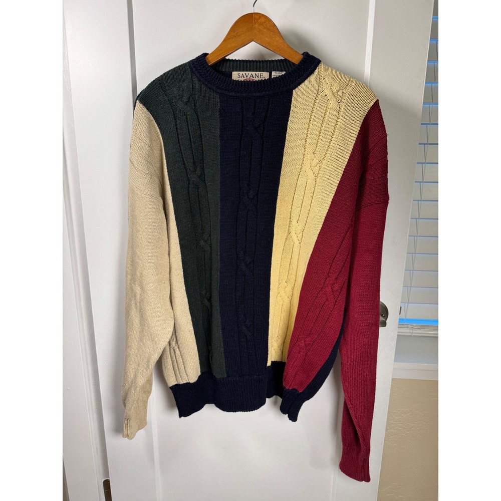 Savane Mens Vintage Colorblock Cable Knit Sweater XL Navy Green Red Cream Cotton